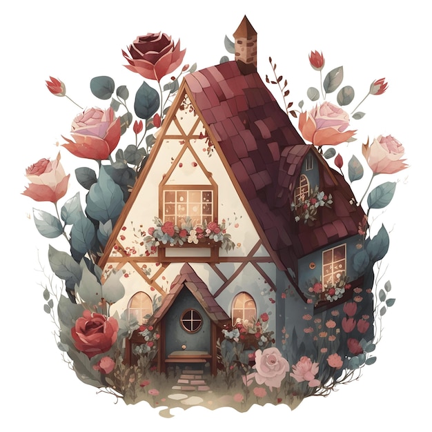 Cute house rose floating watercolor 4096px PNG Transparent 300dpi for tshirt clipart frame