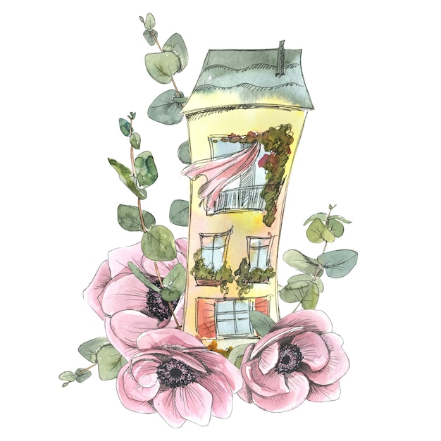 Cute house with pink flowers anemones and eucalyptus branches Watercolor illustration graphics Composition from the PARIS collection For the design and decoration of tourist booklets souvenirs