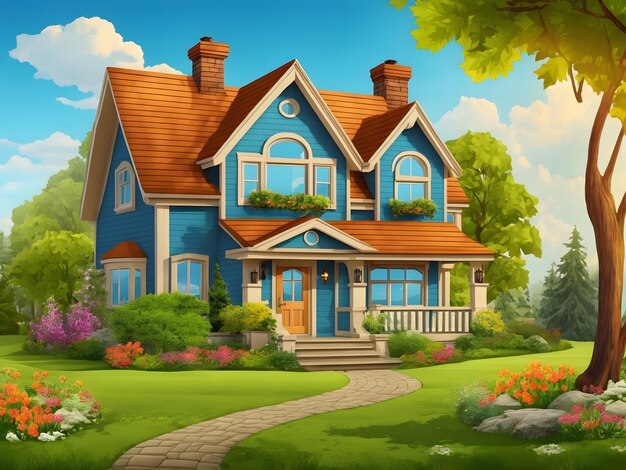 cute house with wooden windows and doors on a lawn with trees