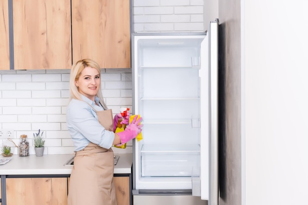 Cute housewife cleaning the kitchen