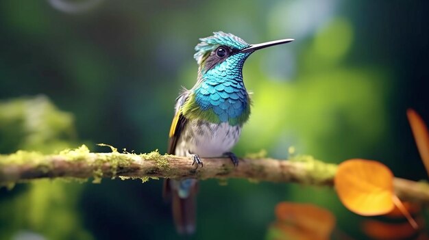 Cute humming bird A colorful bird sits on a branch in the forest