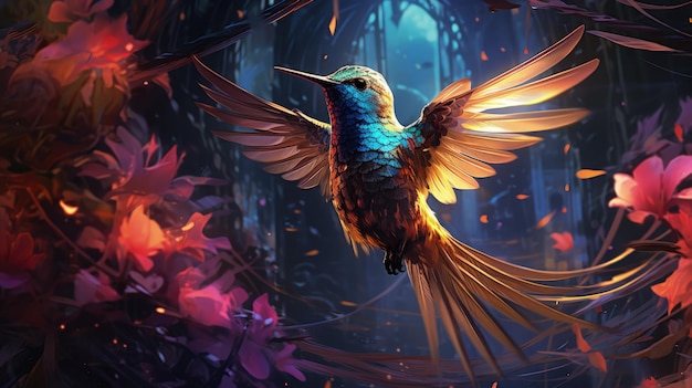 Симпатичная птица колибри с красочным оперением Генеративный AI
