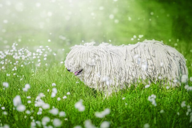 Cute Hungarian puli dog on green grass and white flowers n the Carpathian mountains Ukraine Europe