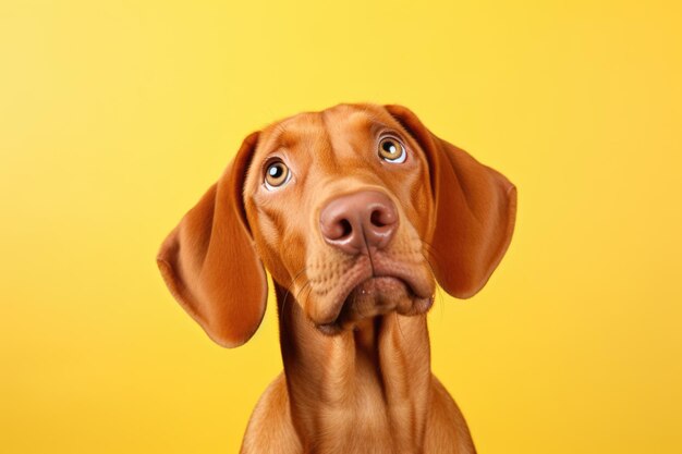 AI が生成した黄色の背景のスタジオでかわいいハンガリーのヴィズラ子犬