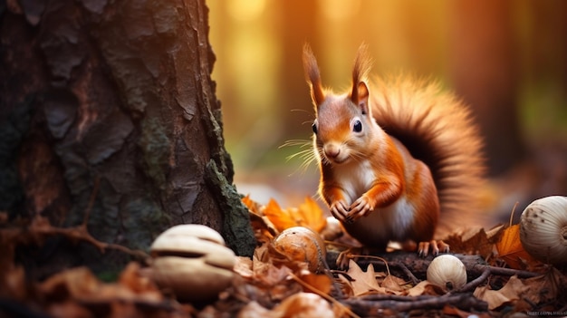 다채로운 잎과 버섯으로 덮인 숲에서 견과류를 먹고 있는 귀여운 배고픈 붉은 다람쥐
