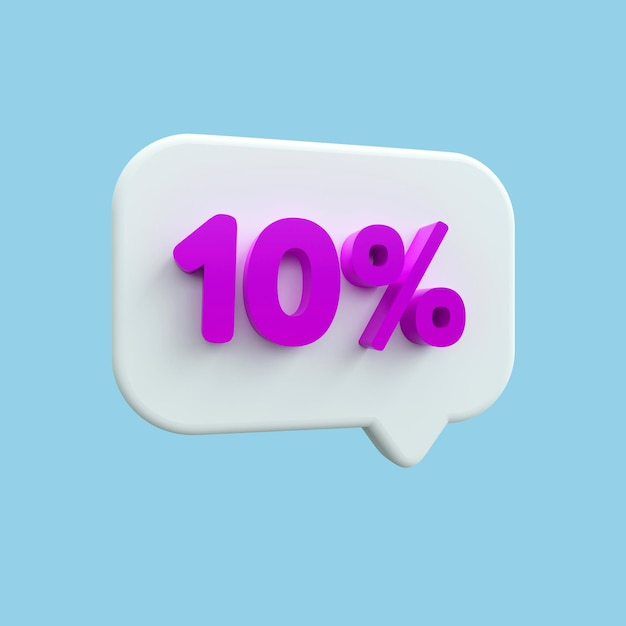 Cute icon 3d render discount ten percent purple numbers on a blue background