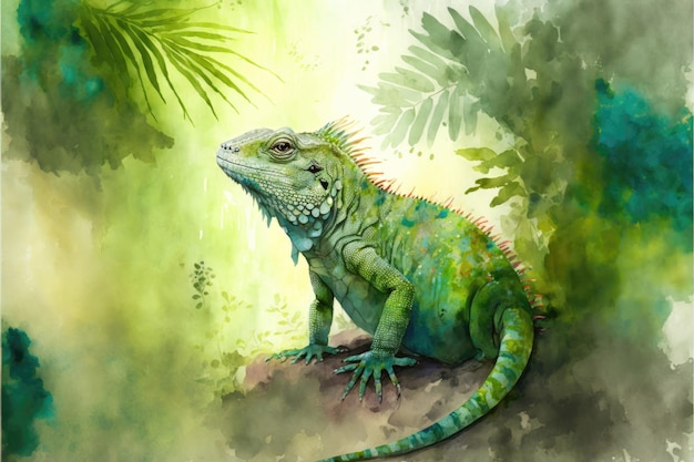 Cute iguana standing in the middle of the forest watercolor painting