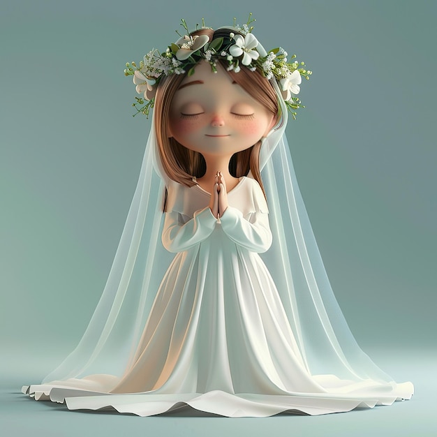 Cute illustration 3d cartoon of a charming girl praying