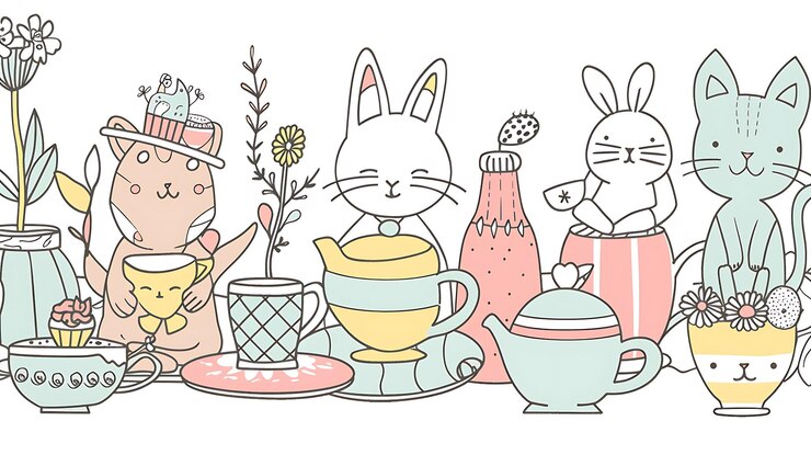Photo 猫と2匹のウサギがお茶会をしている可愛いイラスト