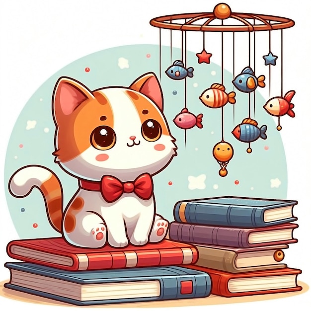 Cute illustration Furry kitten with Red orange ribbon tender pet tie cat between in books