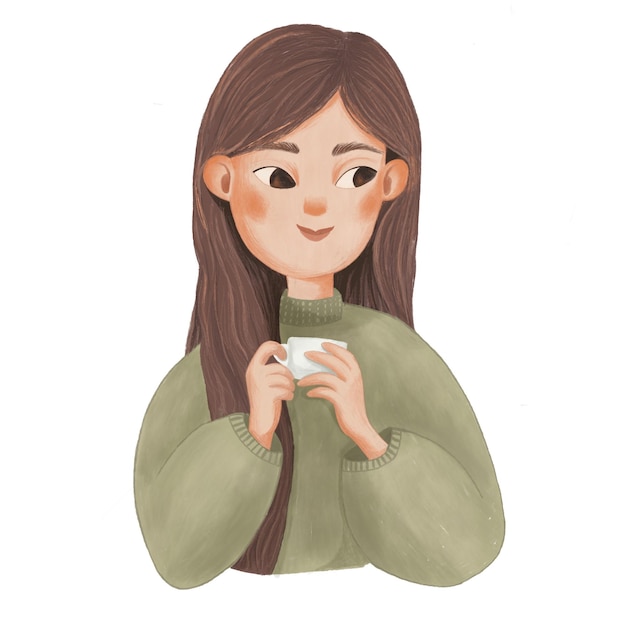 Cute illustration of a girl Cartoon drawing of a young woman with a cup of tea