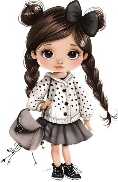 Photo cute illustration of a girl in white cardigan and charming braids