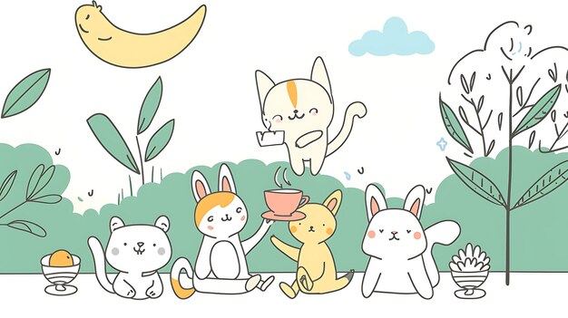 Photo a cute illustration of a group of animals having a tea party in a garden the animals are a cat a rabbit and a bear