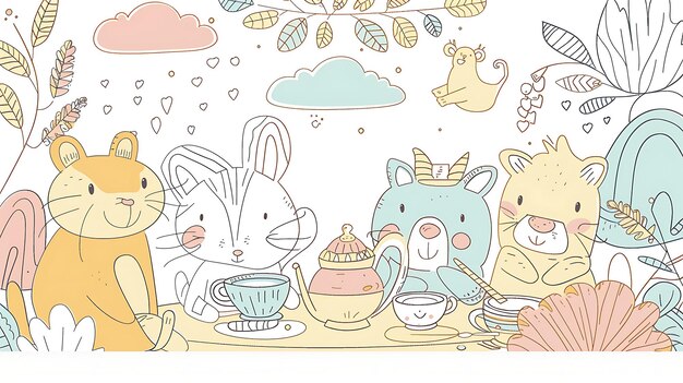 Photo a cute illustration of a group of animals having a tea party in a whimsical forest setting