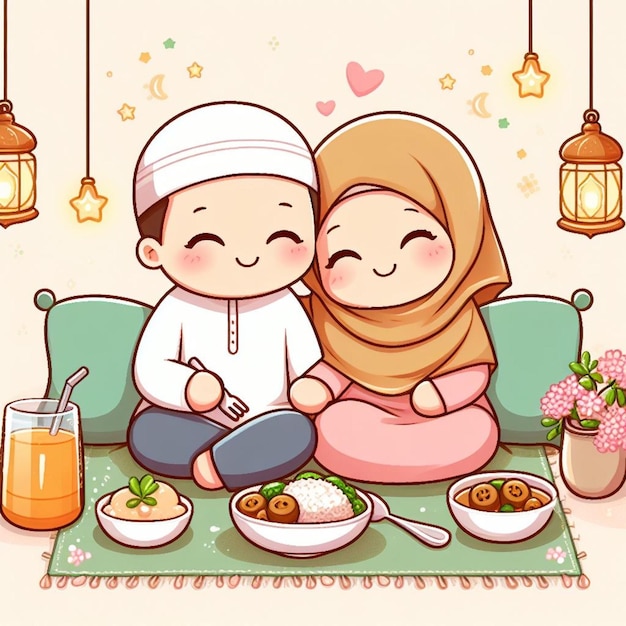 cute illustration of a happy Muslim couple eating together lovingly