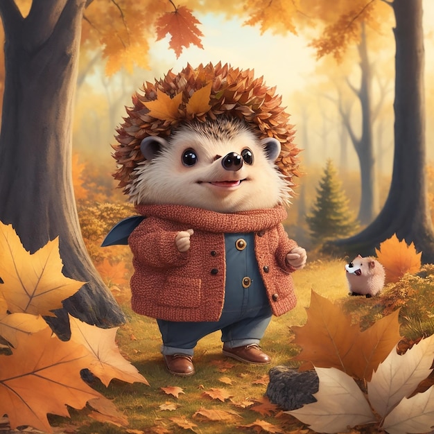 Cute illustration of a hedgehog in the forest in fall season