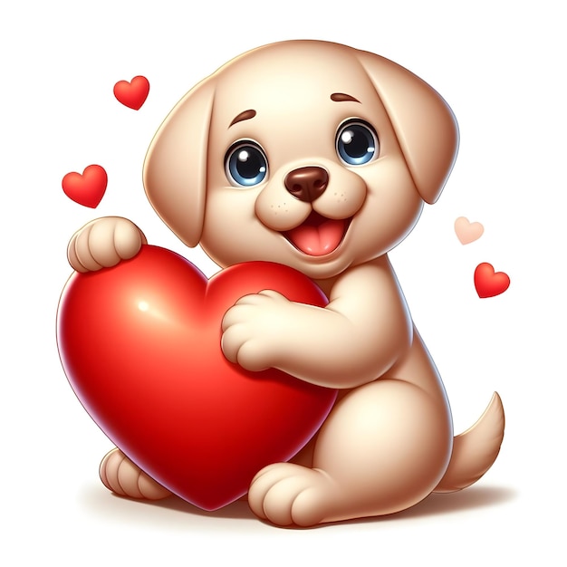 a cute illustration of a labrador puppy hugging a heart