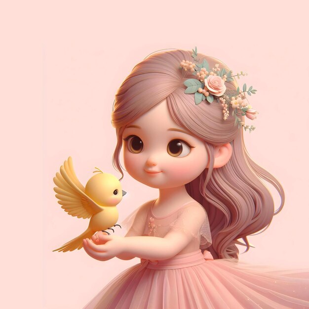 사진 작은 새를 들고 있는 귀여운 작은 소녀의 귀여운 일러스트레이션