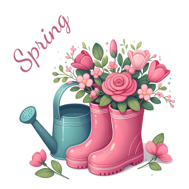 Cute illustration of pink rubber boots watering can and spring flowers