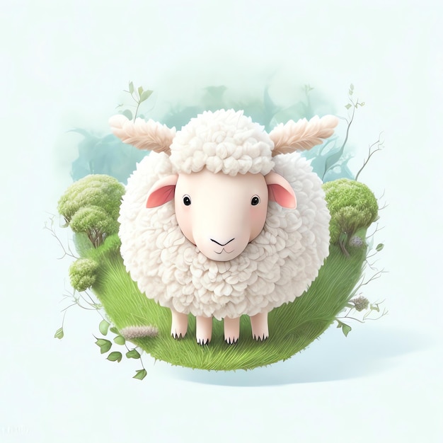 Cute illustration of sheep shape on white background typical Studio Ghibli style