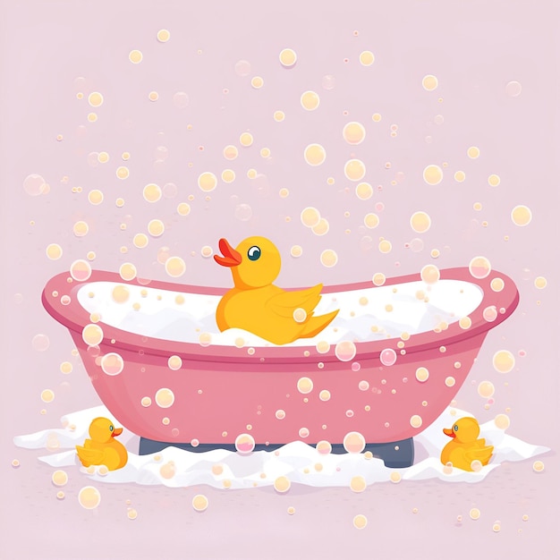 写真 シャボン玉でピンクのお風呂で洗うかわいいイラストの黄色のラバーアヒル ai 生成コンテンツ