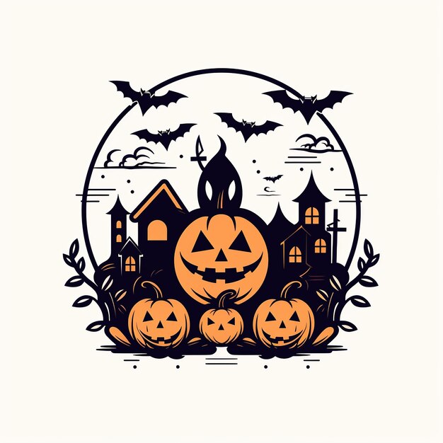 Cute illustrations of objects pumpkin head black cat funny skeleton ghosts eyes Generative Ai