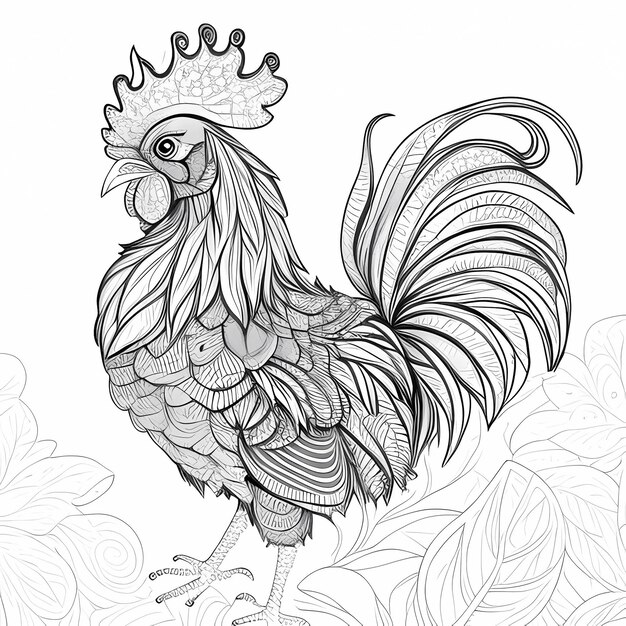 a cute Indian Aseel Rooster for a coloring book