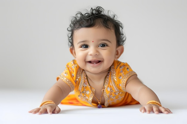 Cute indian baby boy crawling on white background