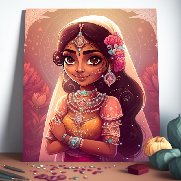 Cute indian bride with henna background generative AI