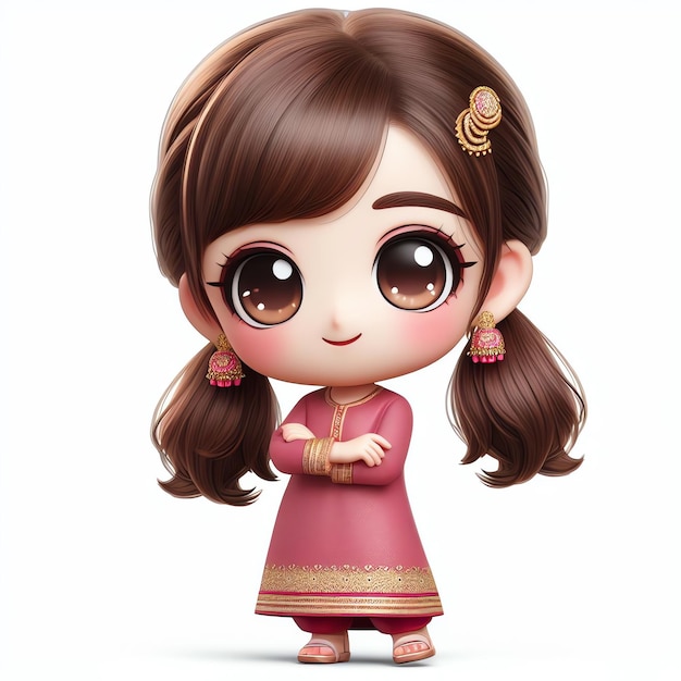 Cute Indian Chibi Girl Mascot in Traditional Salwar Dress on White Background