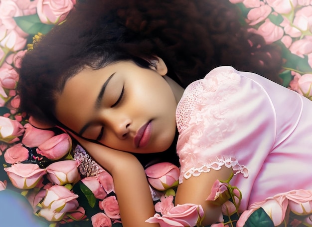 Cute indian girl sleeping on bed of roses