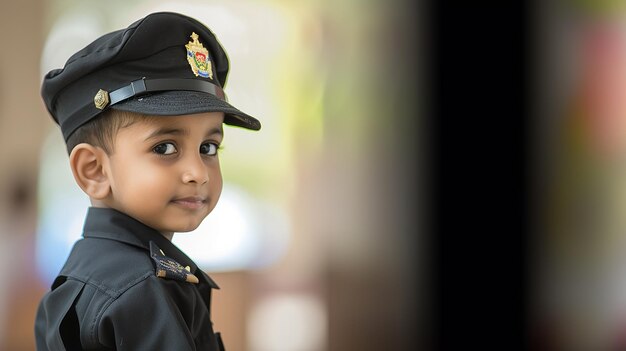 Photo cute indian little boy in police uniform