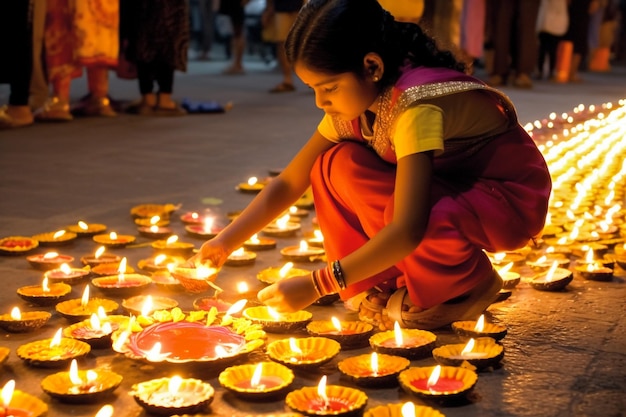 Cute Indian little girl holding diya or oil lamps for Diwali Celebration