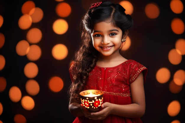 Cute Indian little girl holding diya or oil lamps for Diwali Celebration