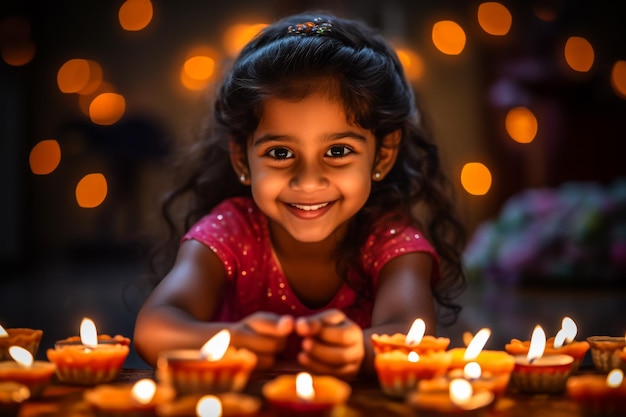 Cute Indian little girl holding diya or oil lamps for Diwali Celebration