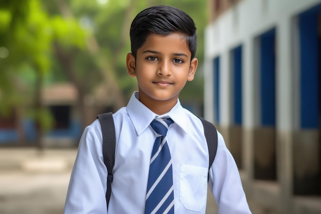 学校に立っているかわいいインドの小さな男子生徒