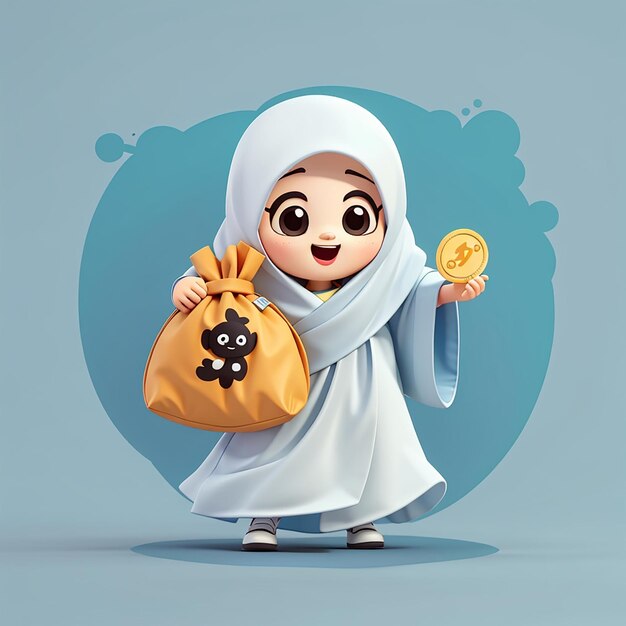 Photo cute indonesian ghost tuyul holding money bag cartoon vector icon illustration people holiday flat