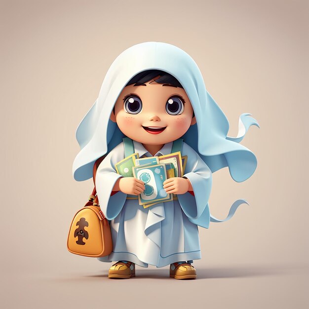 Photo cute indonesian ghost tuyul holding money bag cartoon vector icon illustration people holiday flat