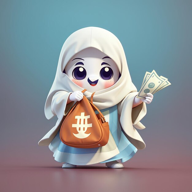 Photo cute indonesian ghost tuyul holding money bag cartoon vector icon illustration people holiday flat