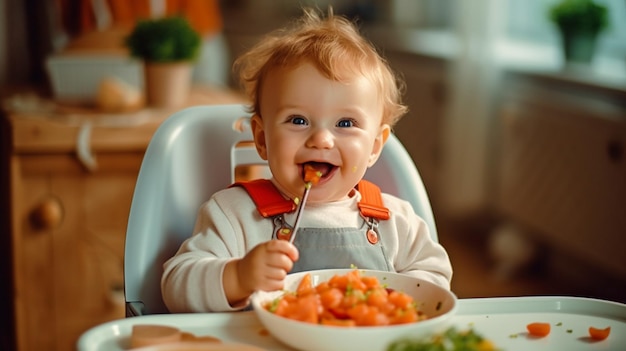 귀여운 아기가 큰 식사를 즐기고 AI를 생성합니다.
