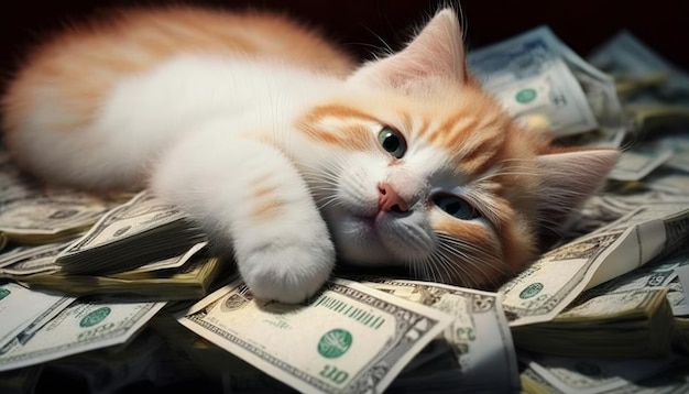 Photo cute innocent kitty silly lying on a pile of cash generative ai