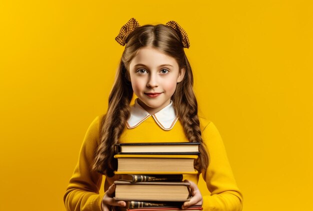 A cute and intelligent girl with glasses holding a stack of books ai generated