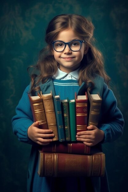 A cute and intelligent girl with glasses holding a stack of books AI generated