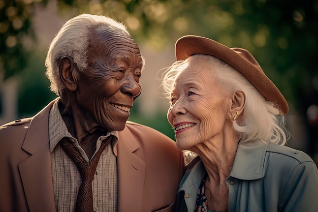 Cute interracial elderly couple strolling in love in the park generated by AI