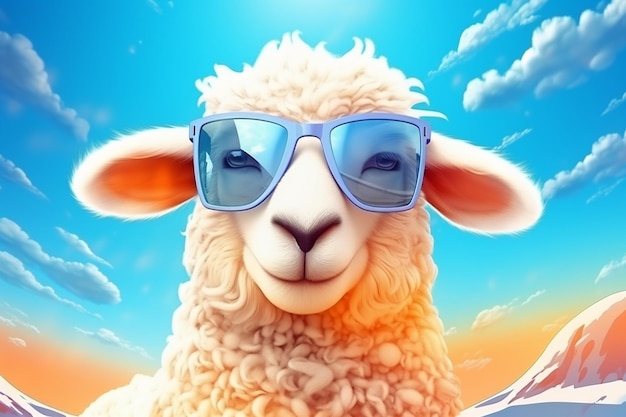 Cute isolated cartoon sheep on summer background with sunglasses