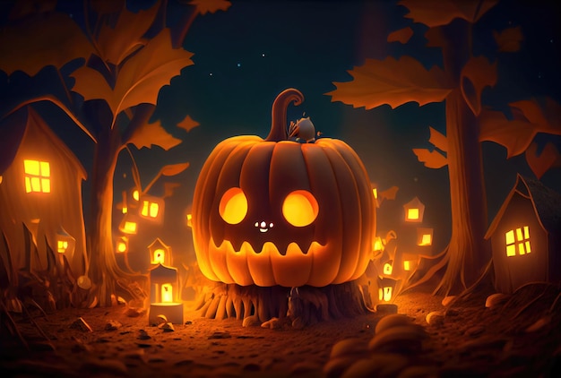 Cute Jack O Lantern pumpkins in the Halloween party at spooky black forest background Horror and mystery concept Generative AI