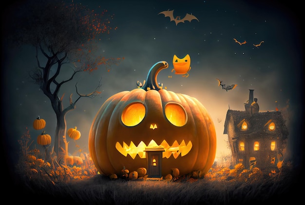 Cute Jack O Lantern pumpkins in the Halloween party at spooky black forest background Horror and mystery concept Generative AI