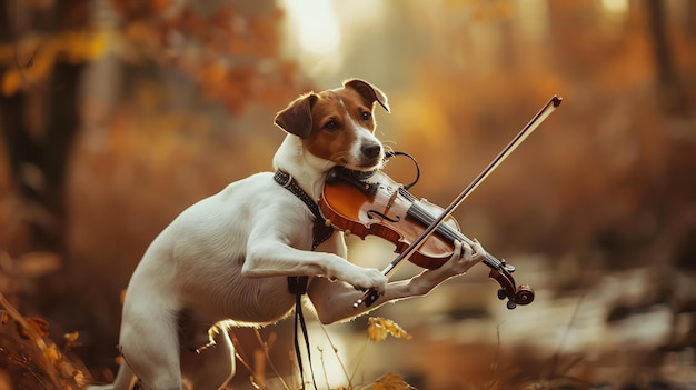 A cute Jack Russell Terrier dog is standing on its hind legs and playing the violin in the middle of a forest