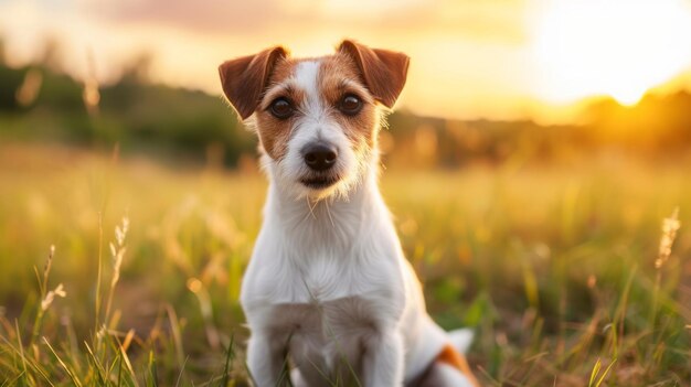 Photo a cute jack russell terrier dog sitting in a grassy field at sunset