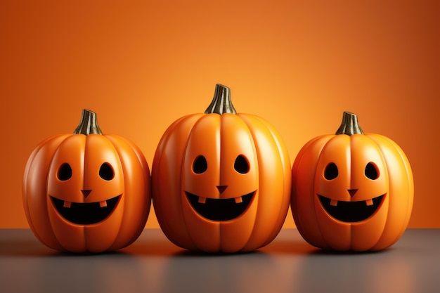 Cute Jackolantern pumpkins on an orange background Halloween invitation Generative AI